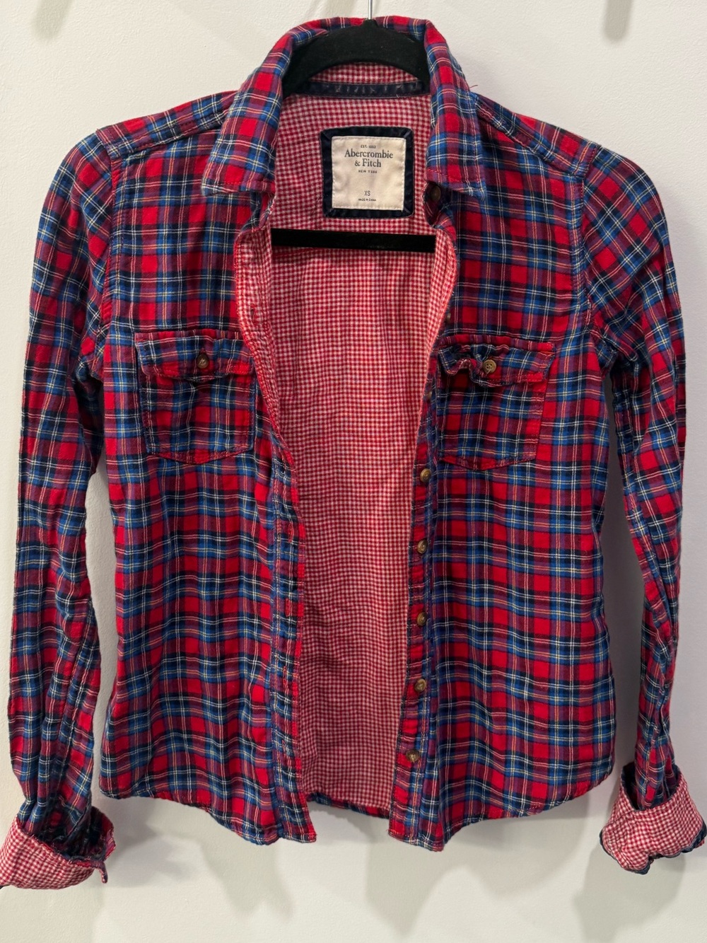 Abercrombie & Fitch XS Y2K Plaid Flannel Shirt Red Blue Cotton Lined Gingham